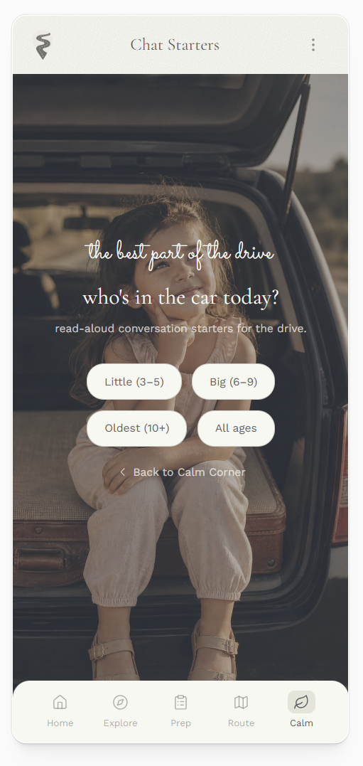 The WiggleRoute Calm Corner Chat Starters screen in the app.
