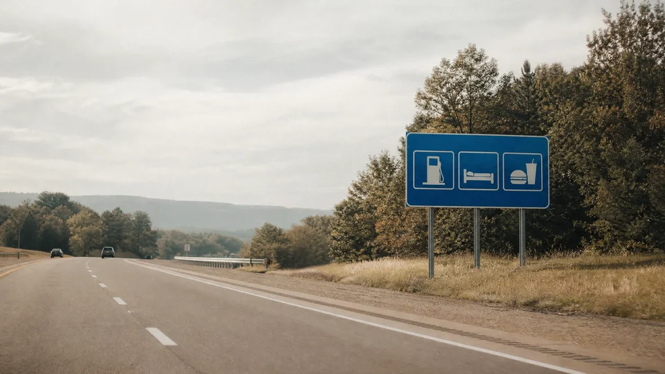 A blue highway exit sign listing gas, lodging, and food beside a tree-lined road.