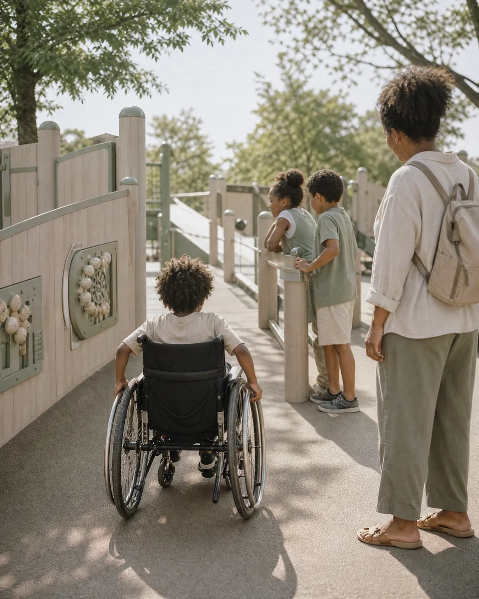Children explore an all abilities playground with a ramp and activity panels; illustrative marketing photograph.